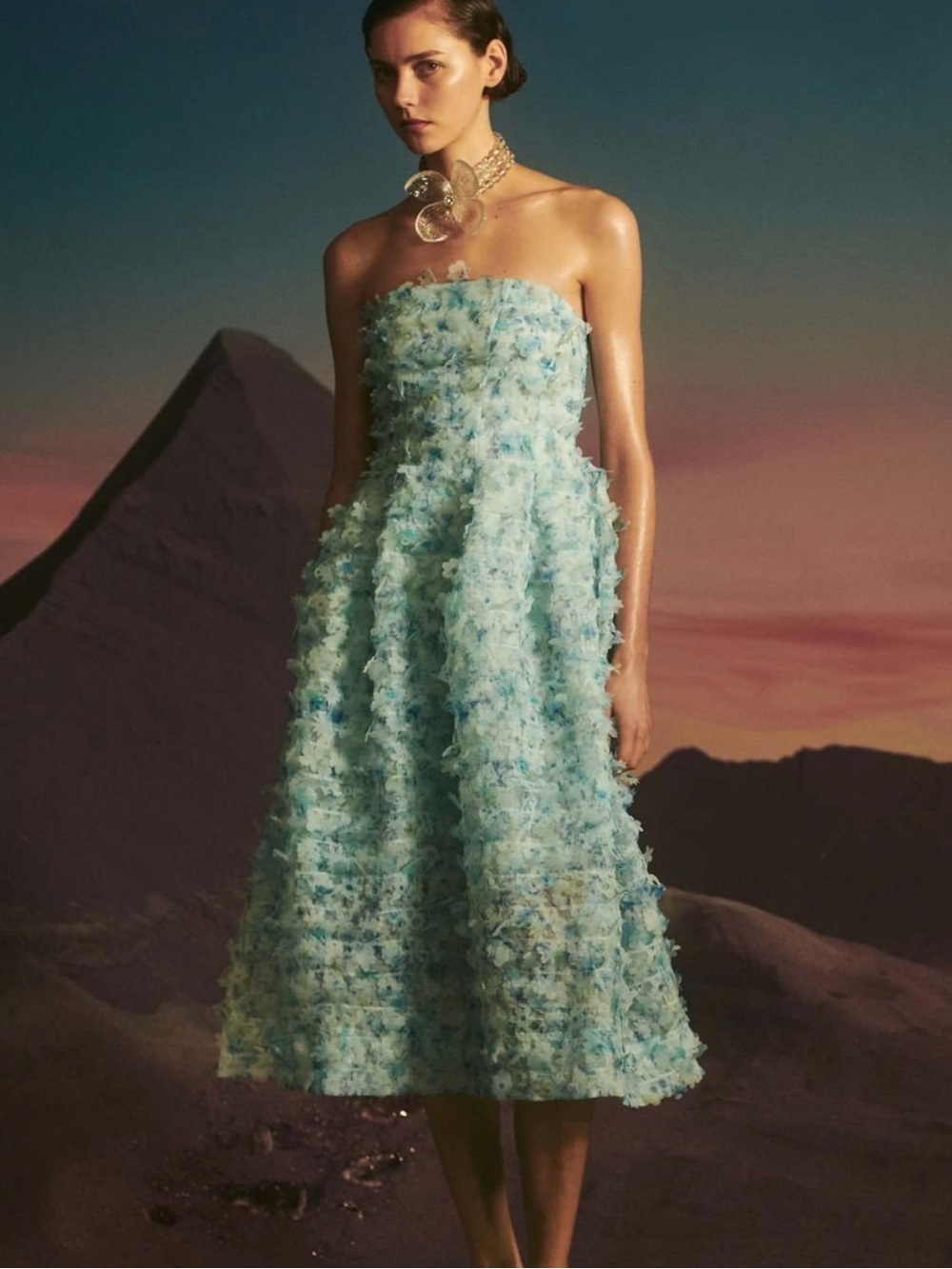 & Other Stories Light Blue Floral Textured Midi Dress